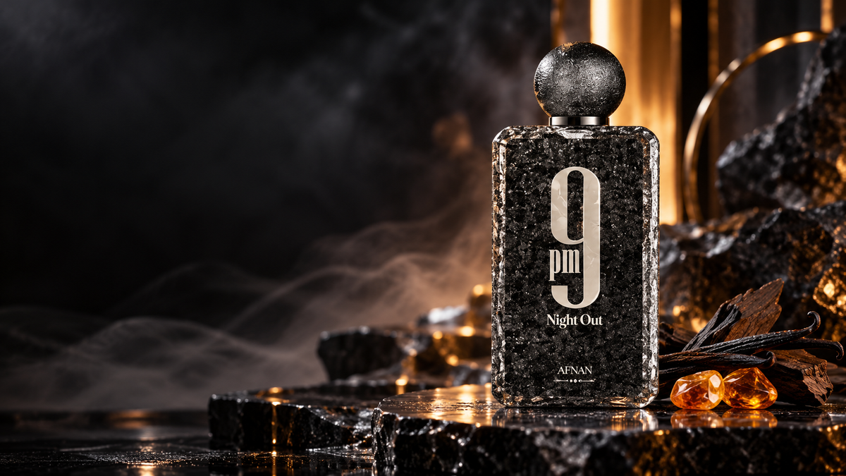 Afnan 9PM Night Out perfume bottle featuring a luxurious black textured design with warm amber lighting, dark stone textures, and a premium evening fragrance aesthetic.
