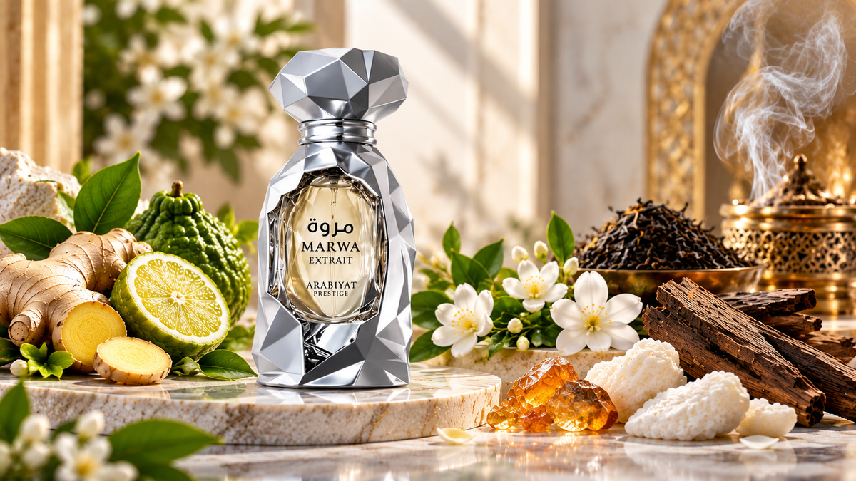 Arabiyat Prestige Marwa Extrait de Parfum bottle featuring a faceted silver design, showcased for a fragrance review covering scent notes, longevity, and who should wear it.