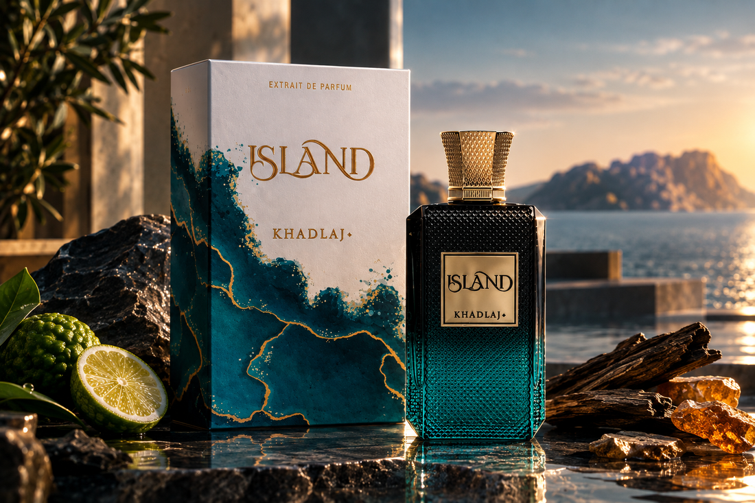 Khadlaj Island perfume bottle and box – luxurious unisex oriental woody fragrance