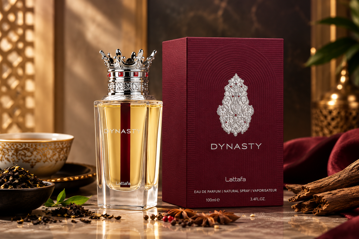 Lattafa Dynasty Eau de Parfum perfume bottle and box – luxurious unisex fragrance