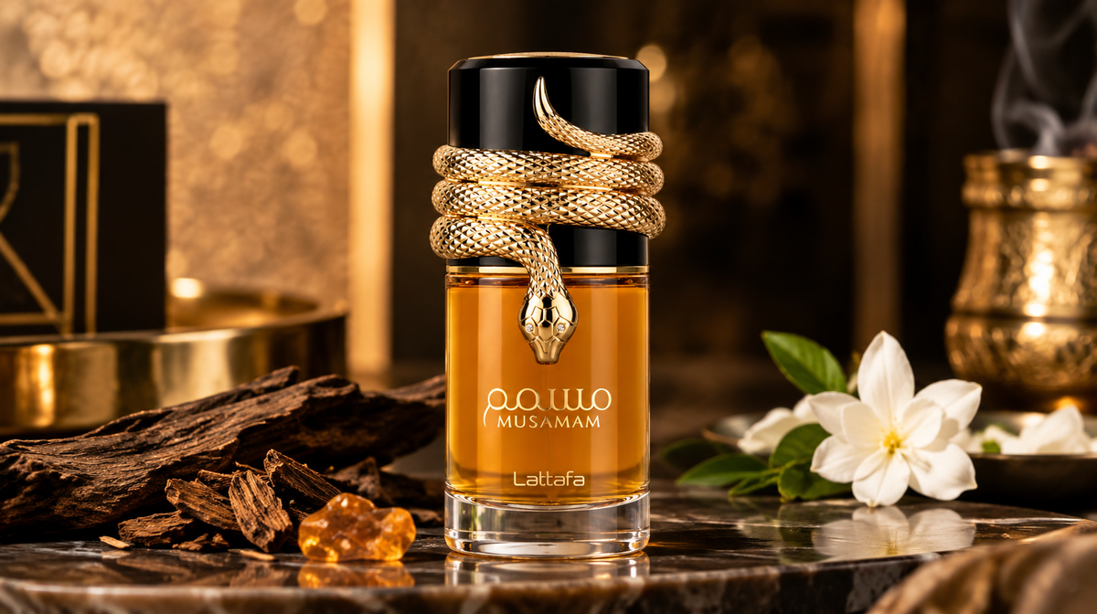 Lattafa Musamam 100ml Eau de Parfum with golden snake design bottle on a luxurious dark marble background