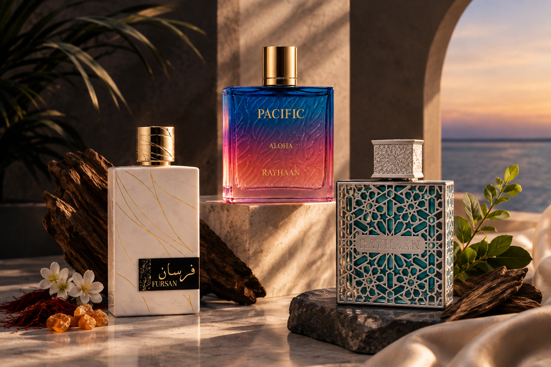 Luxury Arabian perfume collection featuring Pacific Aloha Rayhaan, Fursan, and Rayhaan fragrances in an elegant sunset-inspired setting.