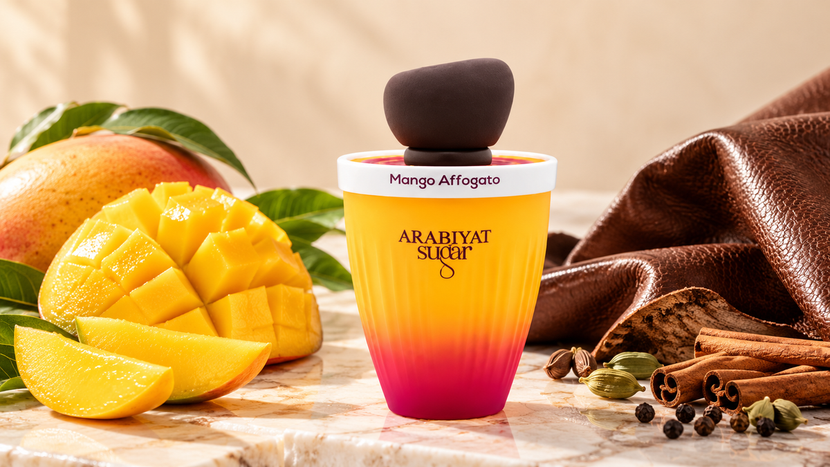 Arabiyat Sugar Mango Affogato EDP 100ml perfume bottle displayed with fresh mango slices, brown leather, cinnamon sticks, and cardamom, representing its mango, spice, and leather fragrance profile.