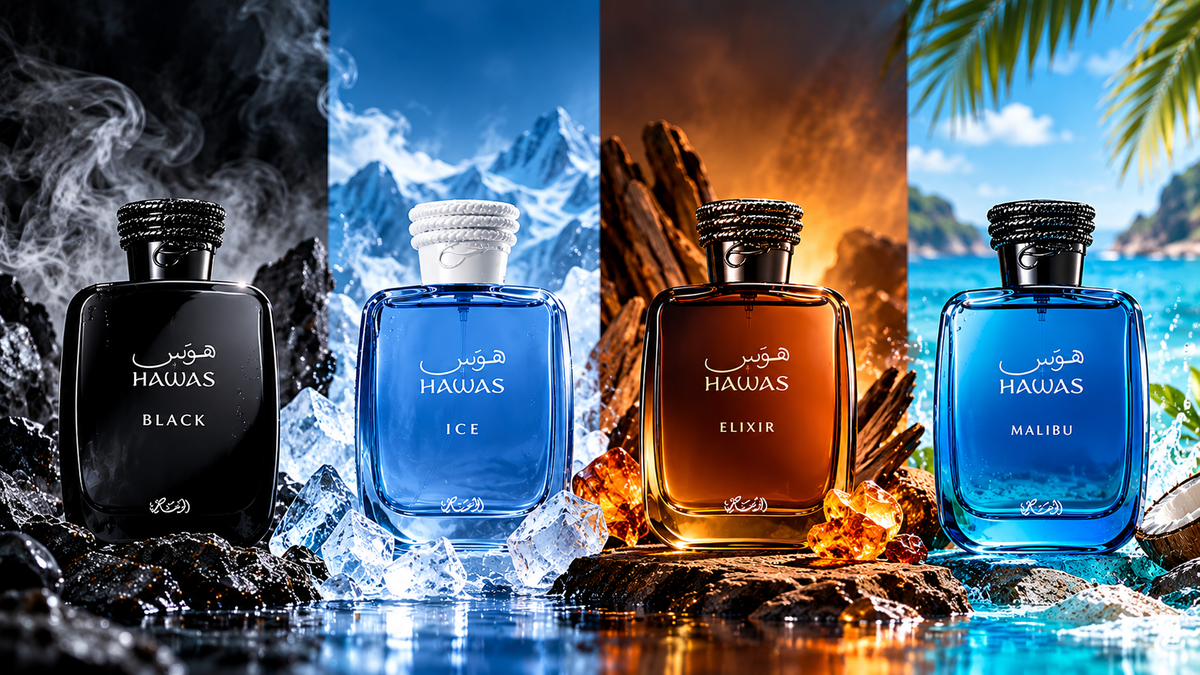 Rasasi Hawas perfume collection featuring Black, Ice, Elixir, and Malibu fragrances in a premium cinematic product display.