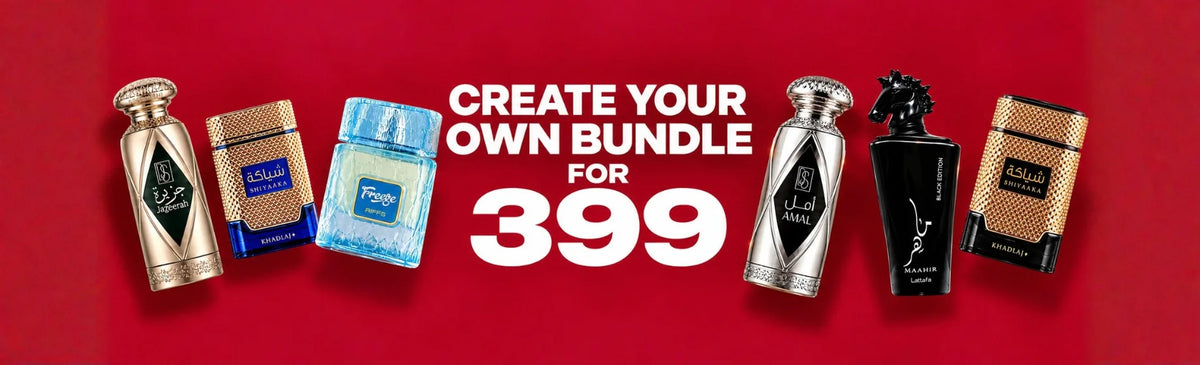 Alkhaleej Scents perfume bundle offer featuring Jazeera, Shiyaaka, Reef, Amal and Lattafa fragrances for 399.