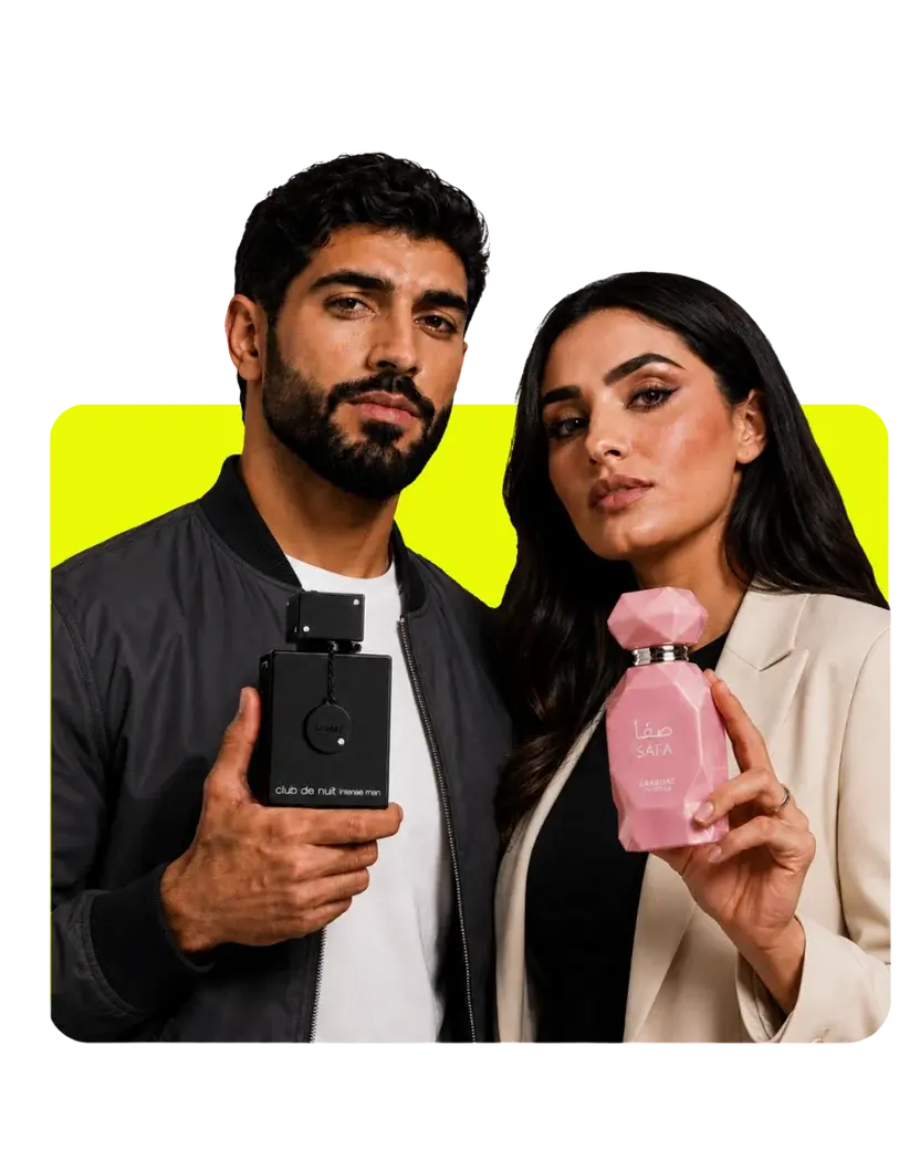Alkhaleej Scents perfume collection featuring Club de Nuit Intense Man for men and Safa Arabian Prestige perfume for women.
